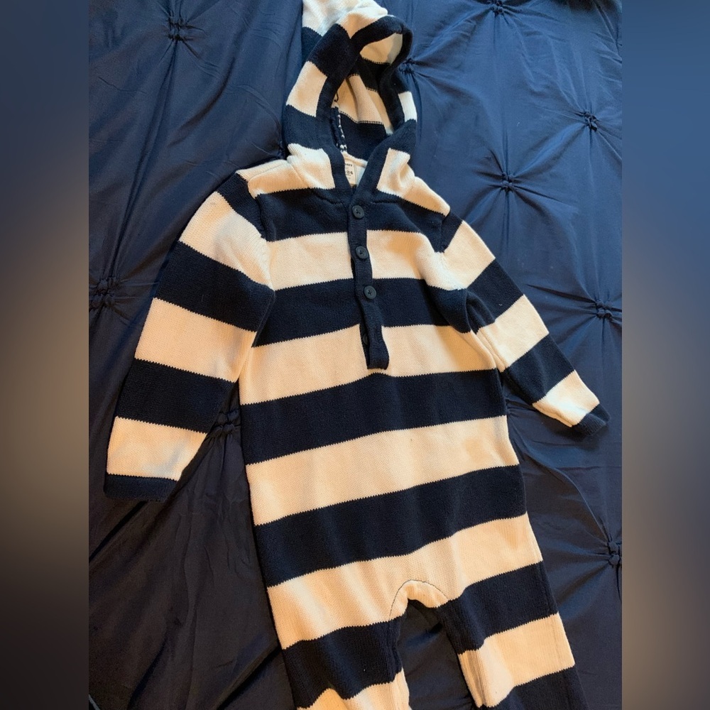 Old Navy Blue and White Striped Footie One Piece with Hood - Picture 2 of 6